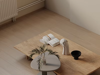 Light Modern Sofa And Wooden Coffee Table With Open Books White Figurine And Potted Plant 3d model