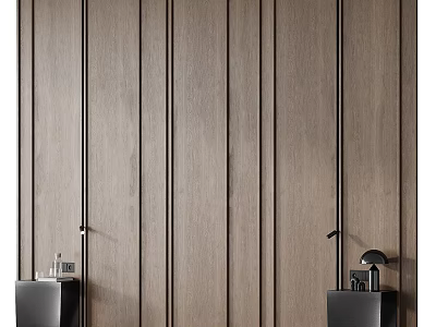 Dark Wood Grain Wall With Vertical Lines And Black Cabinets On Both Sides Holding Decorative Items 3d model