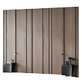 Dark Wood Grain Wall With Vertical Lines And Black Cabinets On Both Sides Holding Decorative Items