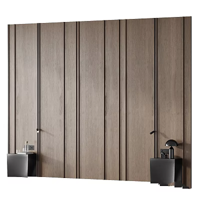 Dark Wood Grain Wall With Vertical Lines And Black Cabinets On Both Sides Holding Decorative Items 3d model