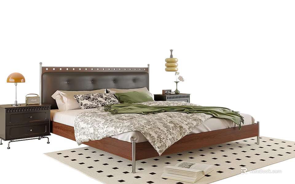 Double Bed With Tufted Headboard Wooden Frame Pillows Blanket And Nightstands With Table Lamp 3d model 