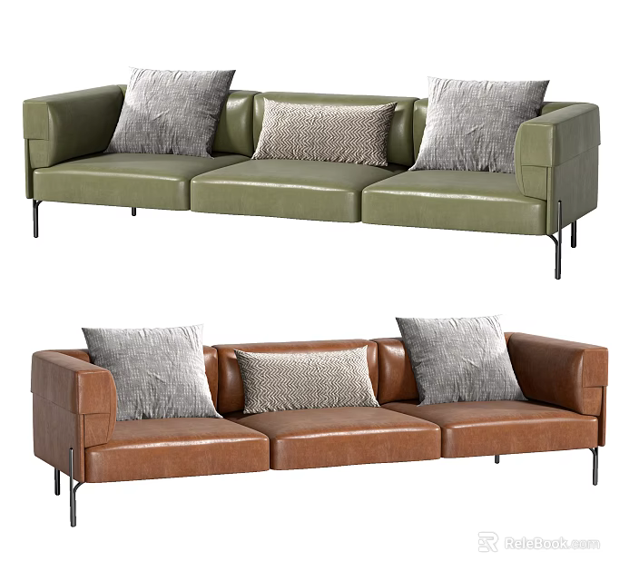 Modern Green and Brown Leather Sectional Sofa With Decorative Pillows 3d model
