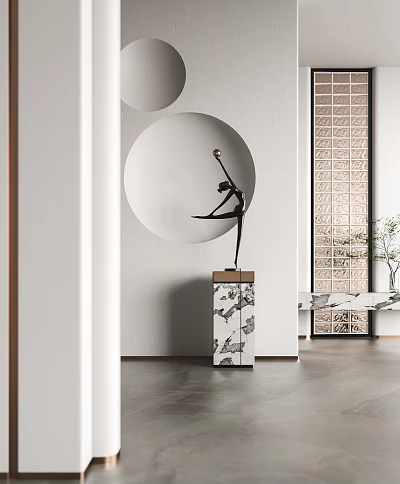 Elegant Black Dancer Sculpture On Patterned Pedestal In Modern Interior With Circular Wall Decor 3d model