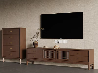 Modern Living Room With Black Flat Screen TV Brown TV Stand And Chest Of Drawers 3d model