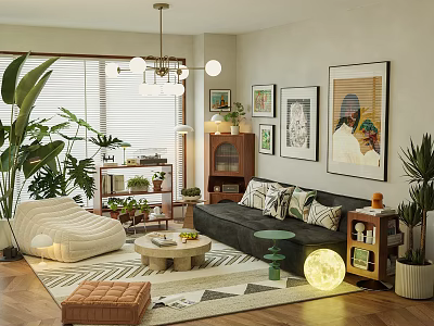 Modern Living Room Interior With Sofa Plants Chandelier Rug And Decorative Paintings 3d model