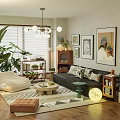 Modern Living Room Interior With Sofa Plants Chandelier Rug And Decorative Paintings