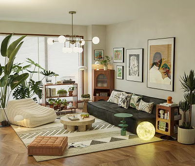 Modern Living Room Interior With Sofa Plants Chandelier Rug And Decorative Paintings 3d model