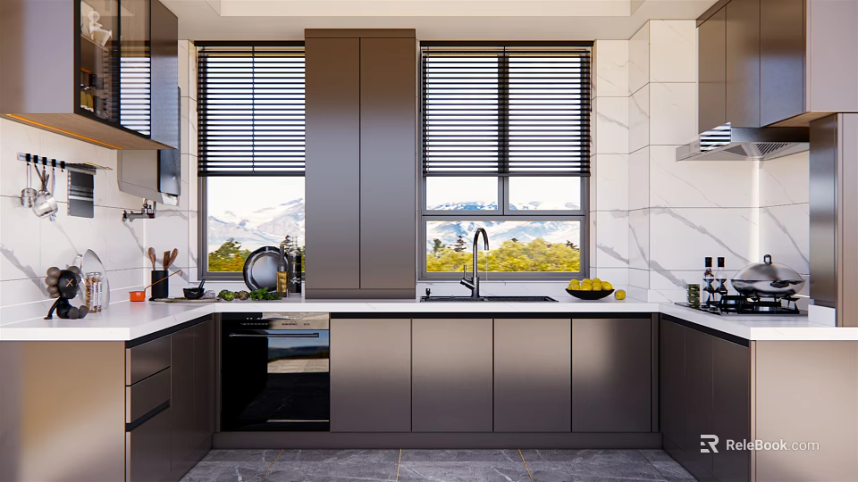 Modern Kitchen Interior Design With Dark Cabinets Window Blinds And Marble Countertop 3d model 