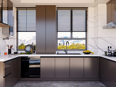Modern Kitchen Interior Design With Dark Cabinets Window Blinds And Marble Countertop 3d model