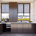Modern Kitchen Interior Design With Dark Cabinets Window Blinds And Marble Countertop