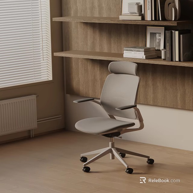 Gray Modern Office Chair With Armrests Wheels In Home Office With Wooden Bookshelf And Blinds 3d model 