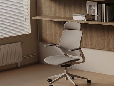 Gray Modern Office Chair With Armrests Wheels In Home Office With Wooden Bookshelf And Blinds 3d model