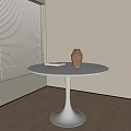 White Round Dining Table With Ceramic Vase And Book By Window Blinds On Wooden Floor 3d model
