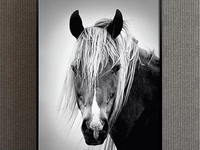 Elegant Black and White Horse Portrait Animal Painting With Detailed Mane For Home Decor 3d model
