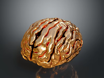Golden Human Brain With Hair Like Textured Surface And Shiny 3D Rendering 3d model