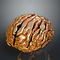 Golden Human Brain With Hair Like Textured Surface And Shiny 3D Rendering