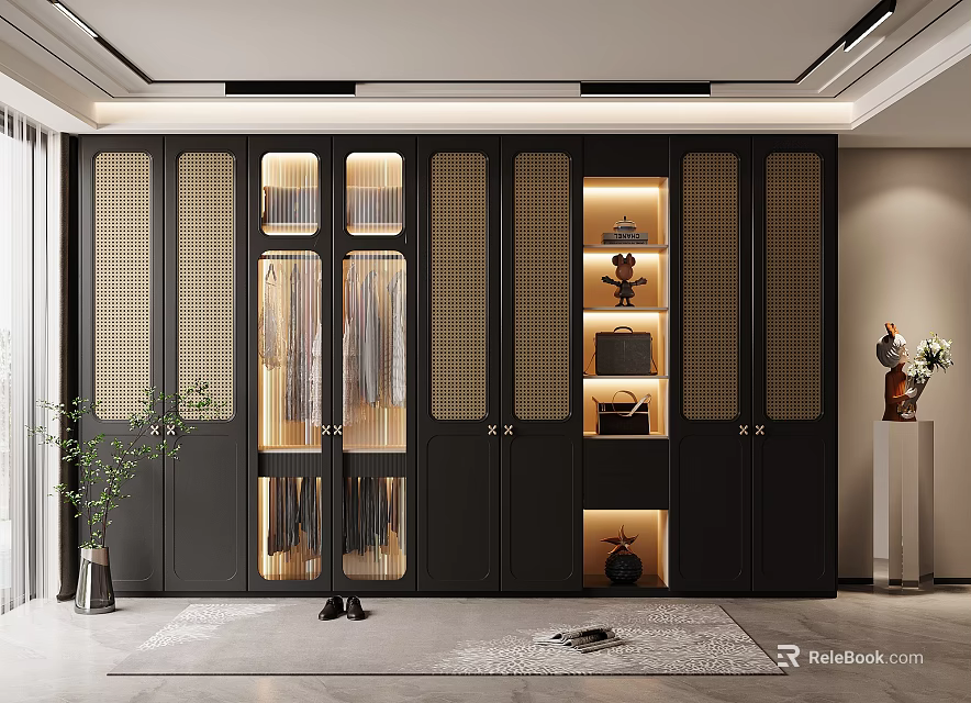 Modern Black Wardrobe with Glass Doors Lattice Design LED Lighting and Storage in Interior 3d model 