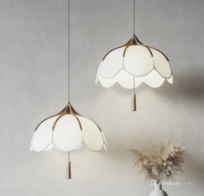 Scalloped White Pendant Chandeliers With Golden Frames Against Gray Wall And Dried Pampas Grass Decor 3d model 