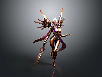 Fantasy Female Character With White Hair Golden Wings Purple Accented Armor And Sword 3d model