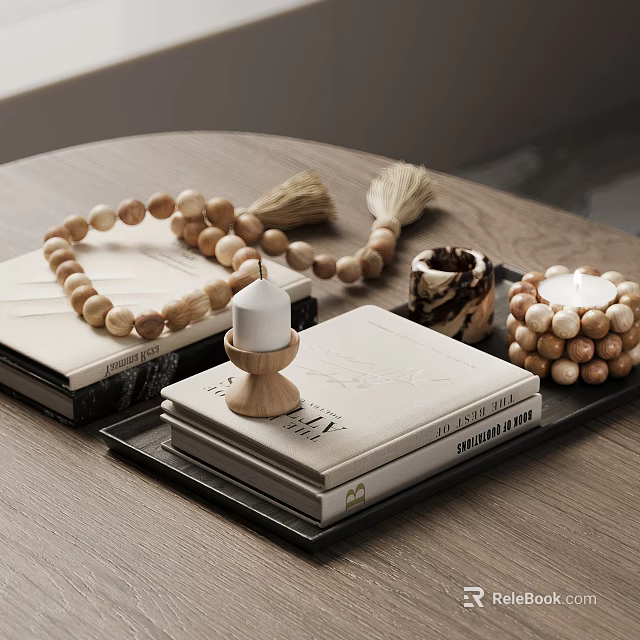Natural Wooden Decorative Ornament Set With Candle Holder Books Tray And Tassel Bead Strands 3d model 