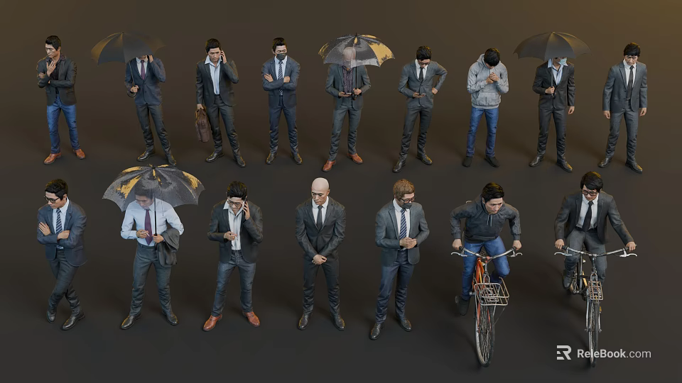 Group of People in Diverse Daily Activities With Umbrellas Phones and Bicycles 3d model 