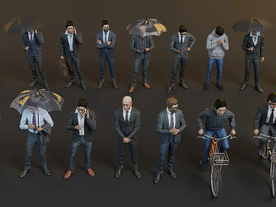 Group of People in Diverse Daily Activities With Umbrellas Phones and Bicycles 3d model
