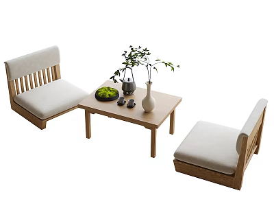 Elegant Wooden Tea Table And Chairs With Cushioned Seats Green Plant And Vase 3d model