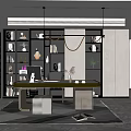 Modern Home Office Interior Design With Curved Hanging Light Wooden Bookshelves Desk And Decorative Plants