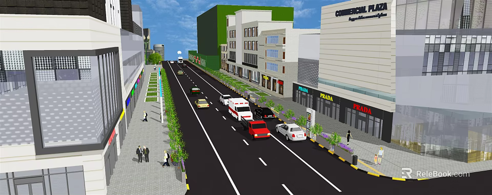 Urban Road Infrastructure With Traffic Lanes Vehicles Sidewalks Green Belts And Buildings 3d model 