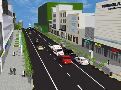 Urban Road Infrastructure With Traffic Lanes Vehicles Sidewalks Green Belts And Buildings 3d model