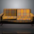 Plaid Patterned Two Seater Sofa In Orange And Yellow With Armrests And Wooden Legs
