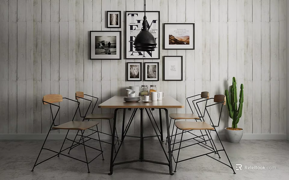 Dining Table Set With Wooden Top Black Metal Legs Chairs Wall Frames Pendant Light Cactus 3d model 