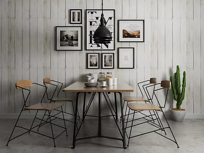 Dining Table Set With Wooden Top Black Metal Legs Chairs Wall Frames Pendant Light Cactus 3d model