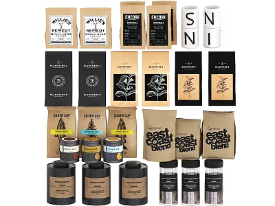 Diverse Beverage Packaging Options Featuring Bags Cans Bottles And Brand Labels 3d model