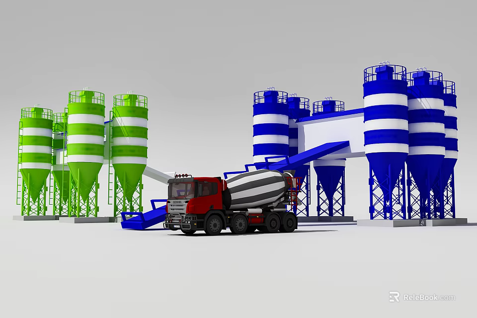 Industrial Equipment Concrete Batching Plant With Green Blue Silos And Red Mixer Truck 3d model 