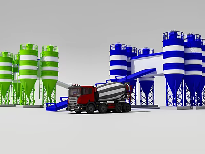 Industrial Equipment Concrete Batching Plant With Green Blue Silos And Red Mixer Truck 3d model