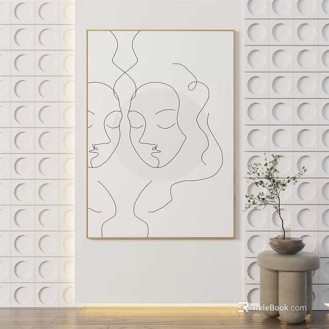 Line Art Two Faces Painting On Circular Pattern Wall With Plant Decor 3d model