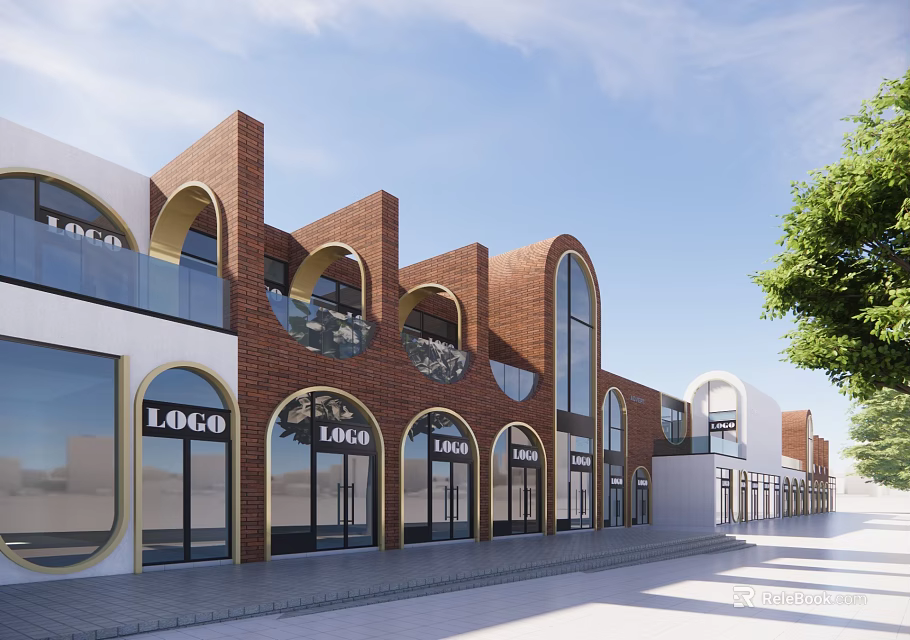 Modern Commercial Street With Red Brick Buildings Arched Windows Glass Doors And Trees 3d model 