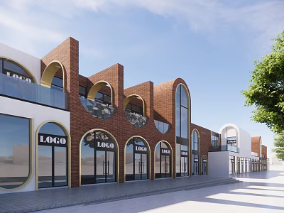 Modern Commercial Street With Red Brick Buildings Arched Windows Glass Doors And Trees 3d model