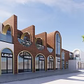 Modern Commercial Street With Red Brick Buildings Arched Windows Glass Doors And Trees