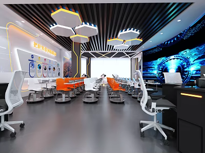 Modern Tech Inspired Exhibition Hall With Orange White Chairs Black Tables And Digital Screen 3d model