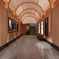 Office Corridor With Wooden Walls Arched Ceiling Circular Window Framed Artworks Terrazzo Floor And Bench