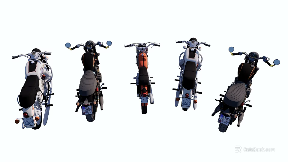 Five Different Colored Motorcycles Lined Up In A Row 3d model 
