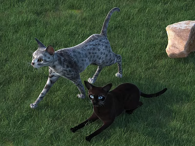 Two Spotted Gray And Black Reptiles Crawling On Green Grass With Stone 3d model