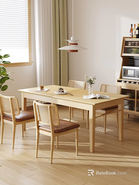 Modern Wooden Dining Table and Chairs with Vase Books Natural Light and Indoor Plant 3d model 