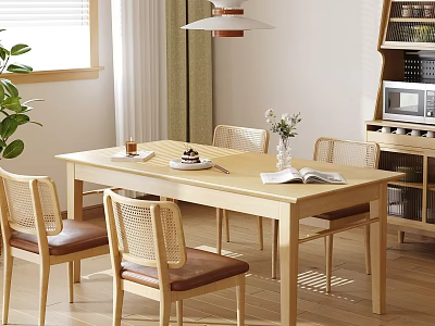 Modern Wooden Dining Table and Chairs with Vase Books Natural Light and Indoor Plant 3d model