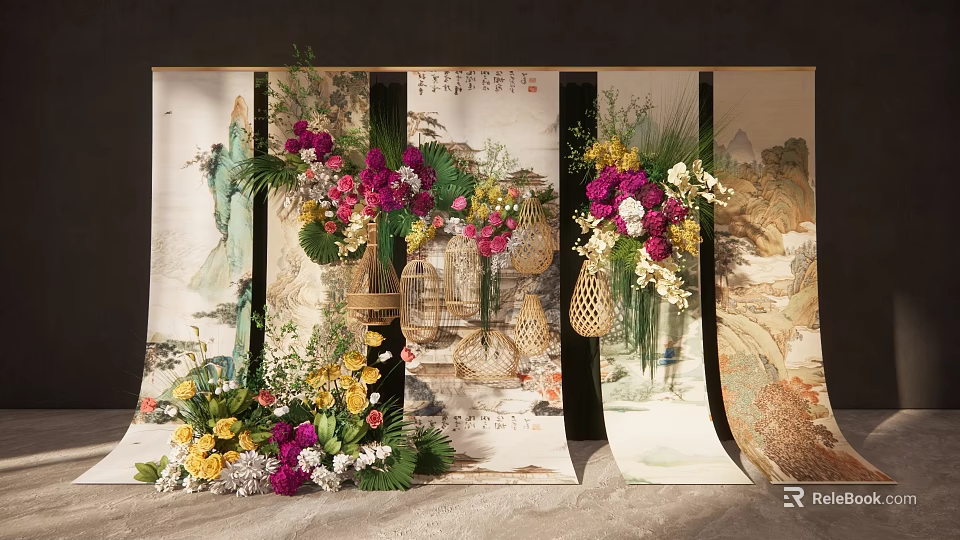 Traditional Chinese Painted Screens With Colorful Floral Arrangement And Birdcages 3d model 