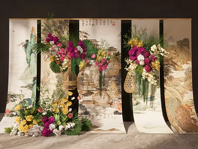 Traditional Chinese Painted Screens With Colorful Floral Arrangement And Birdcages 3d model