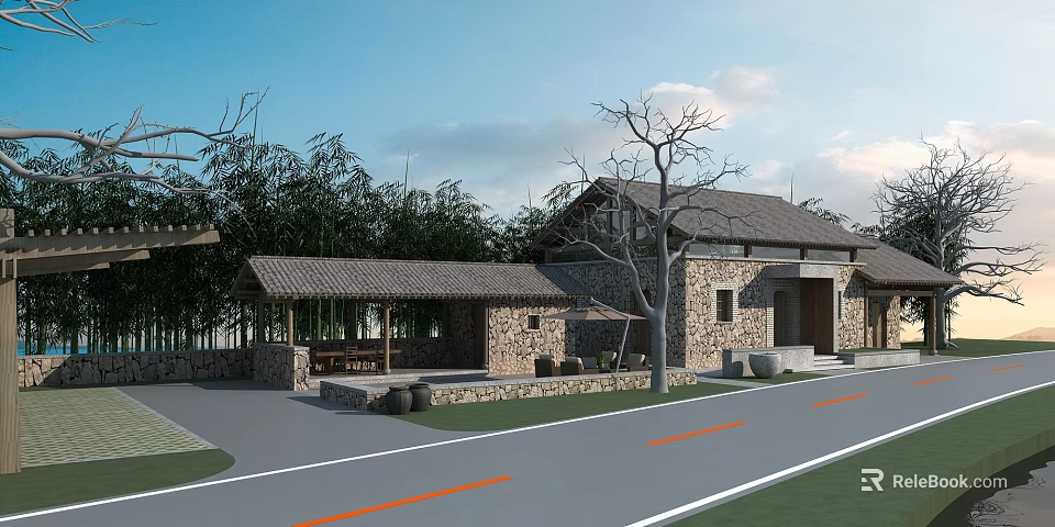 Traditional Rustic Stone House Featuring Hinged Door And Tiled Roof Exterior 3d model 