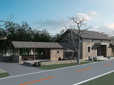 Traditional Rustic Stone House Featuring Hinged Door And Tiled Roof Exterior 3d model